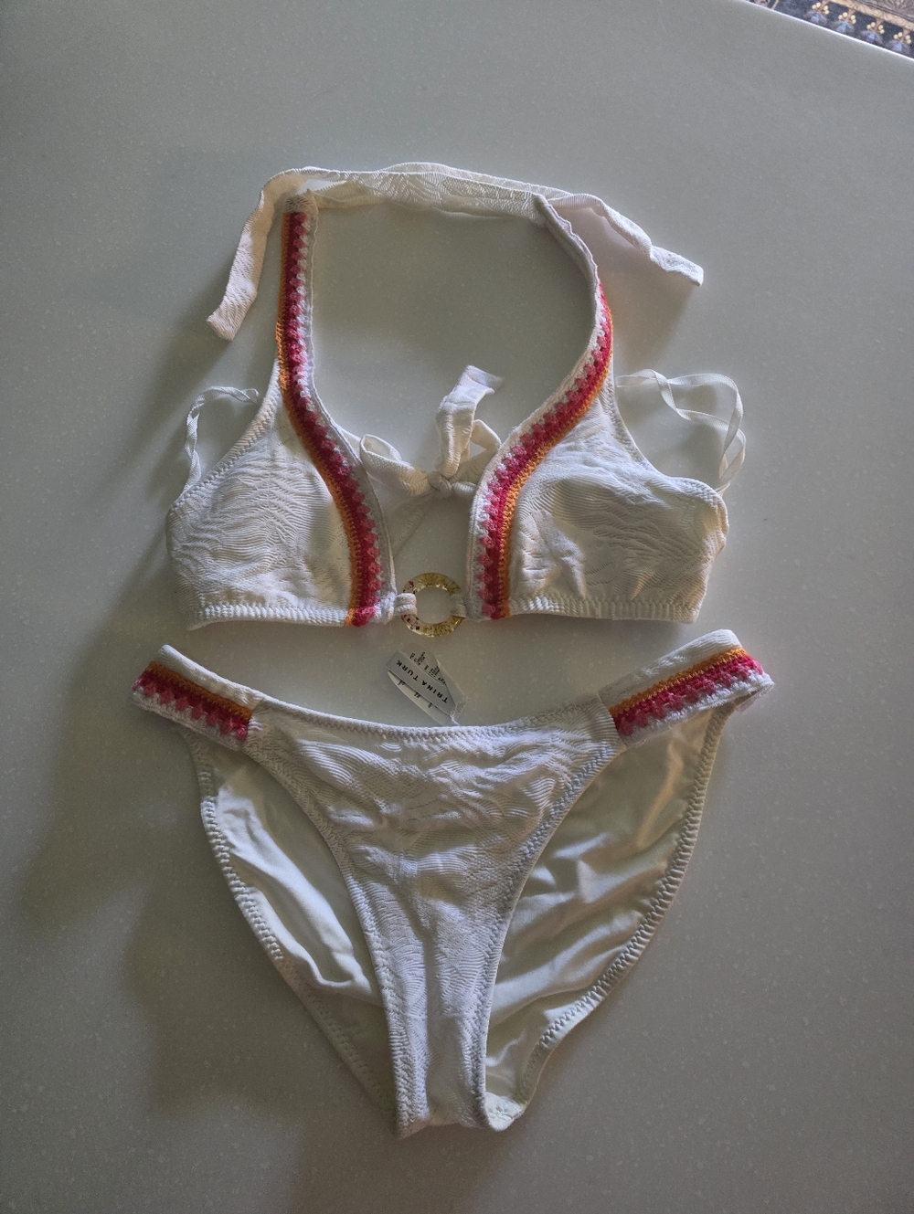 Trina Turk White Halter Bikini with Pink & Orange Crochet Trim